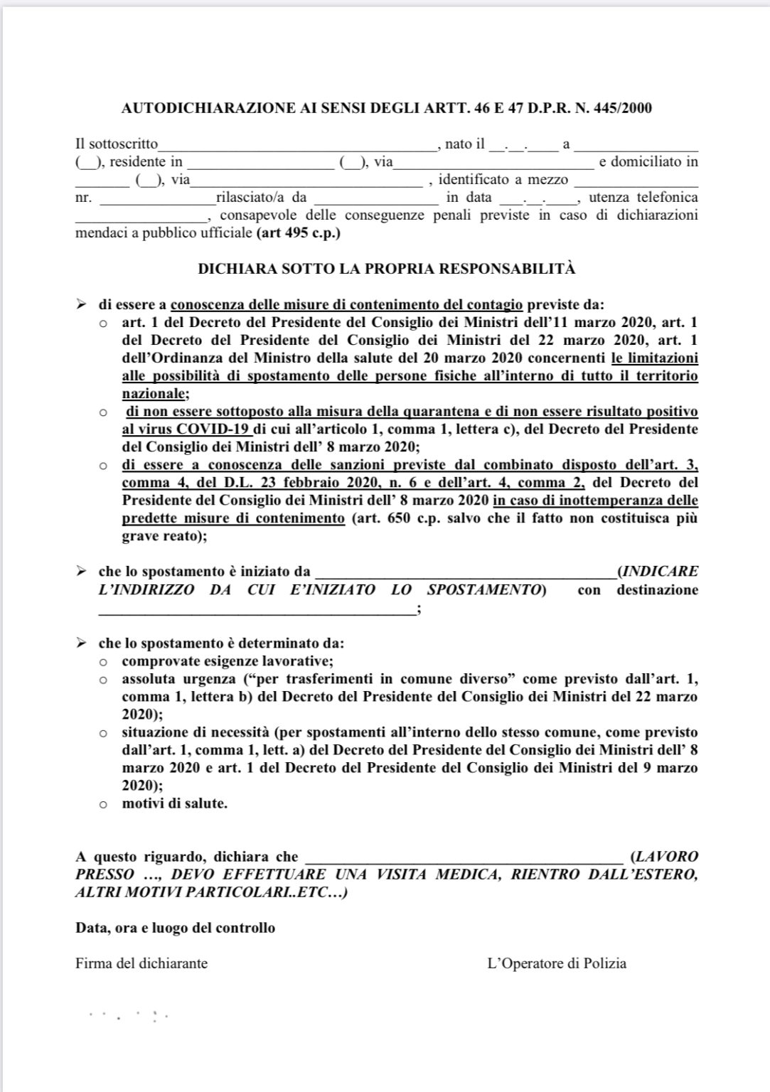 NUOVA AUTOCERTIFICAZIONE AGGIORNATA AL DPCM 22.03.2020 Studio legale